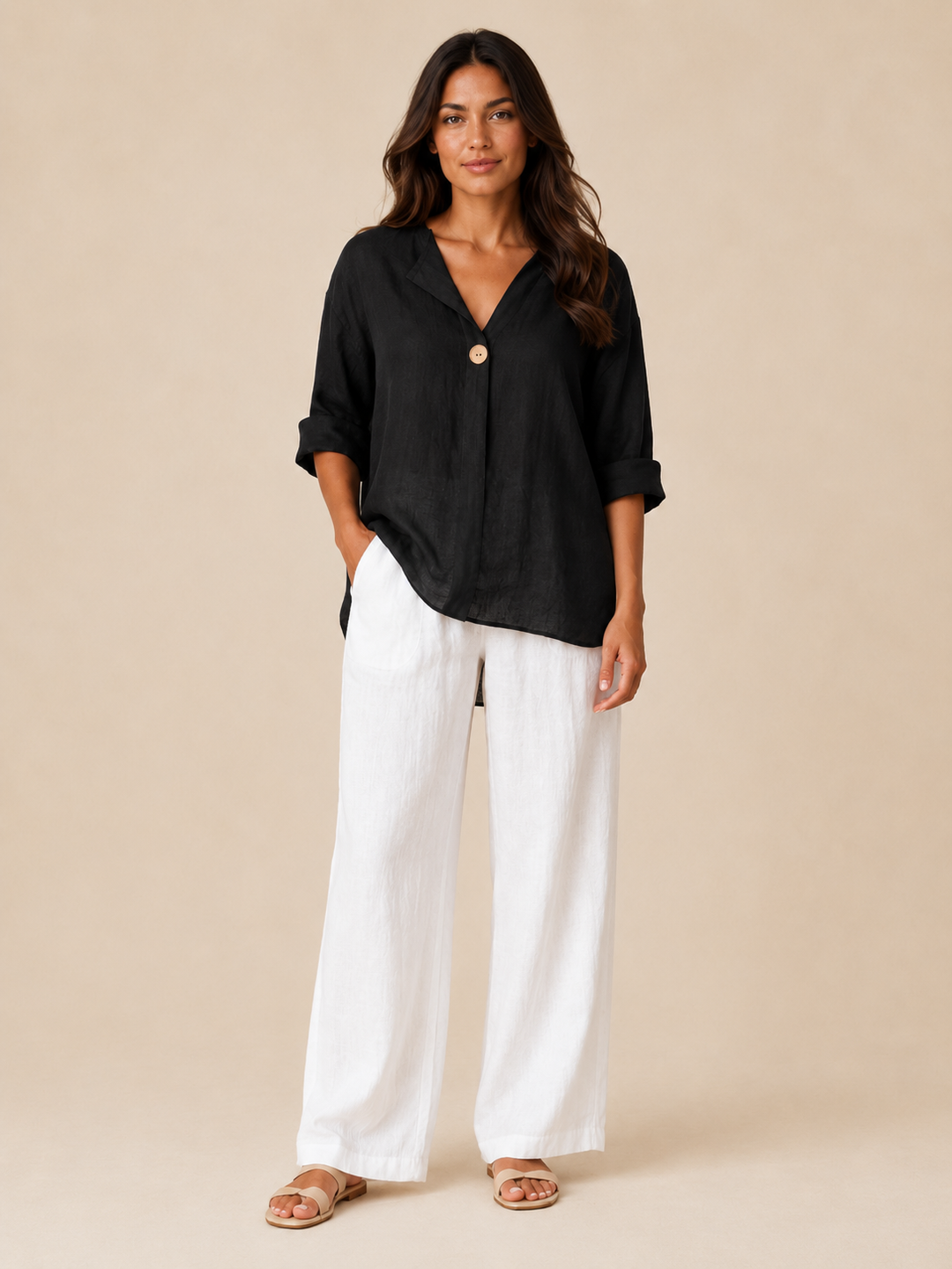 Chic women's top: 3/4 sleeve blouse with an elegant open collar and versatile button-front design.