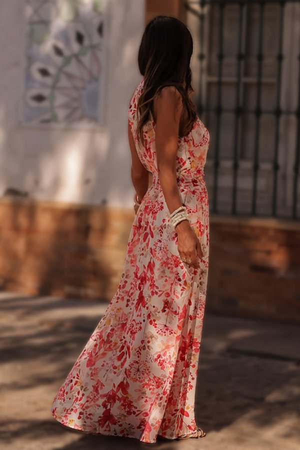 Tropical floral print halter neck maxi dress for women, perfect vacation & summer beach attire.