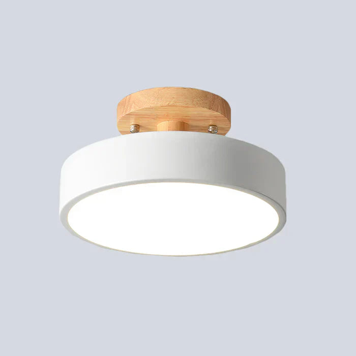 Scandinavian LED ceiling lamp with modern wood and metal flush mount design.