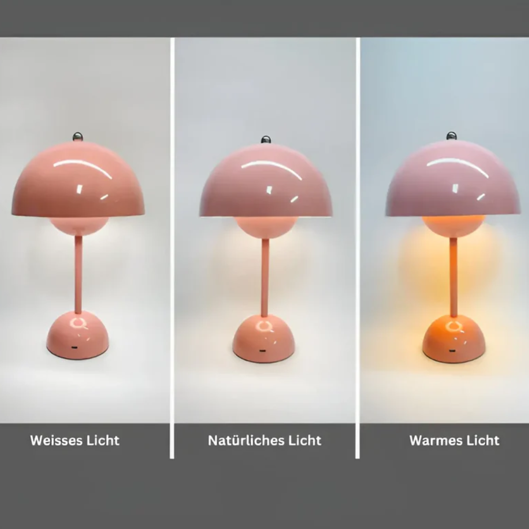 Stainless steel, Scandinavian style cordless LED table lamp. Modern, portable, and rechargeable for home decor.