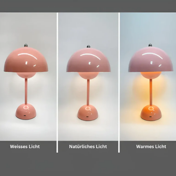 Stainless steel, Scandinavian style cordless LED table lamp. Modern, portable, and rechargeable for home decor.