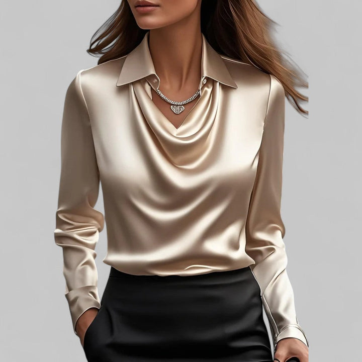 Versatile women's cowl neck satin blouse, long sleeve, perfect for elegant casual or formal style.