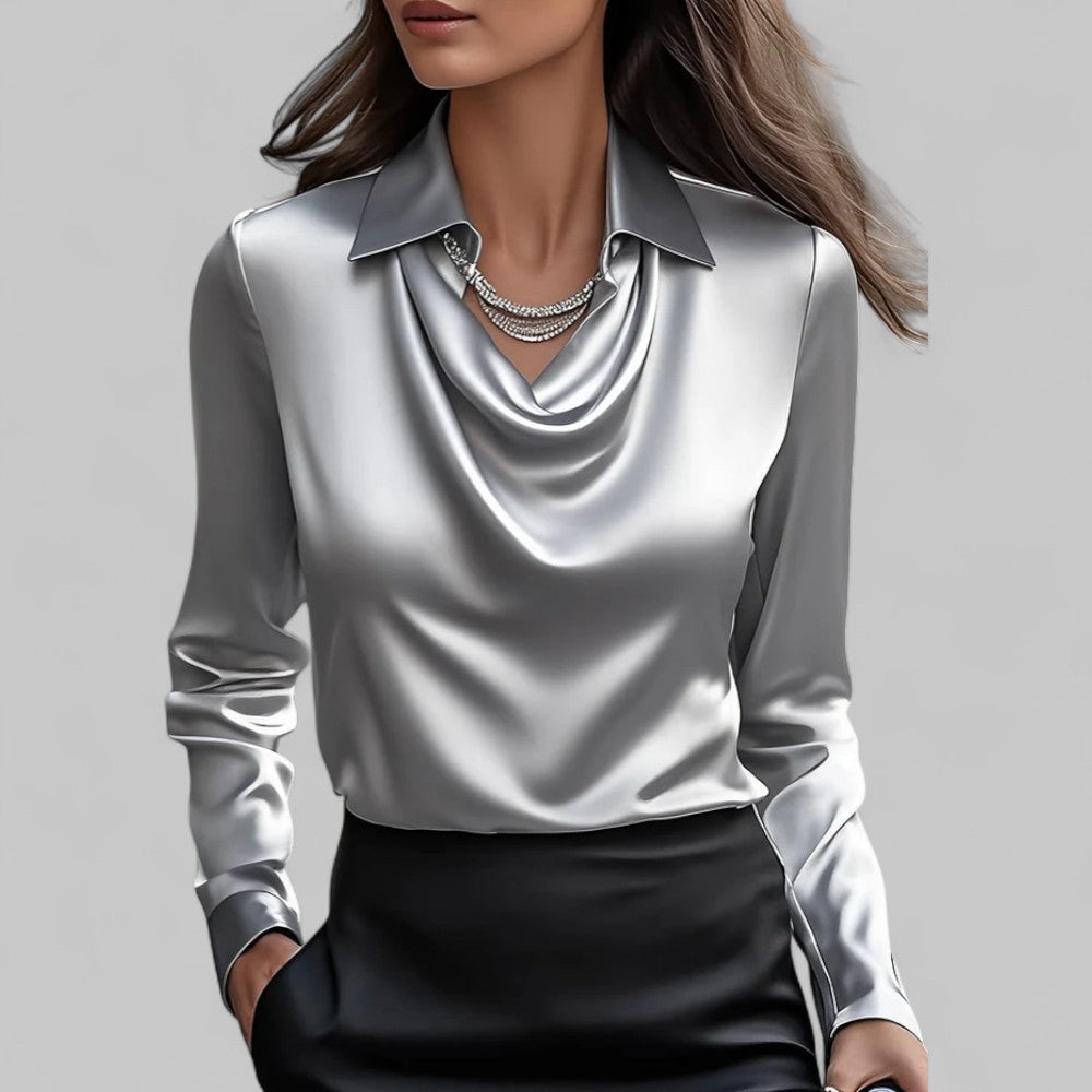 Chic women's cowl neck satin blouse, long sleeve, ideal for workwear, casual, or evening fashion.