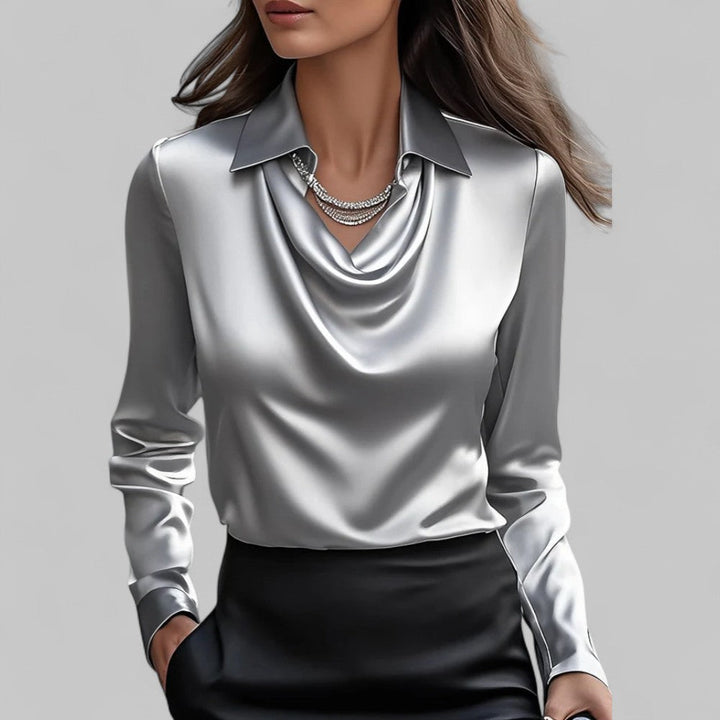 Chic women's cowl neck satin blouse, long sleeve, ideal for workwear, casual, or evening fashion.