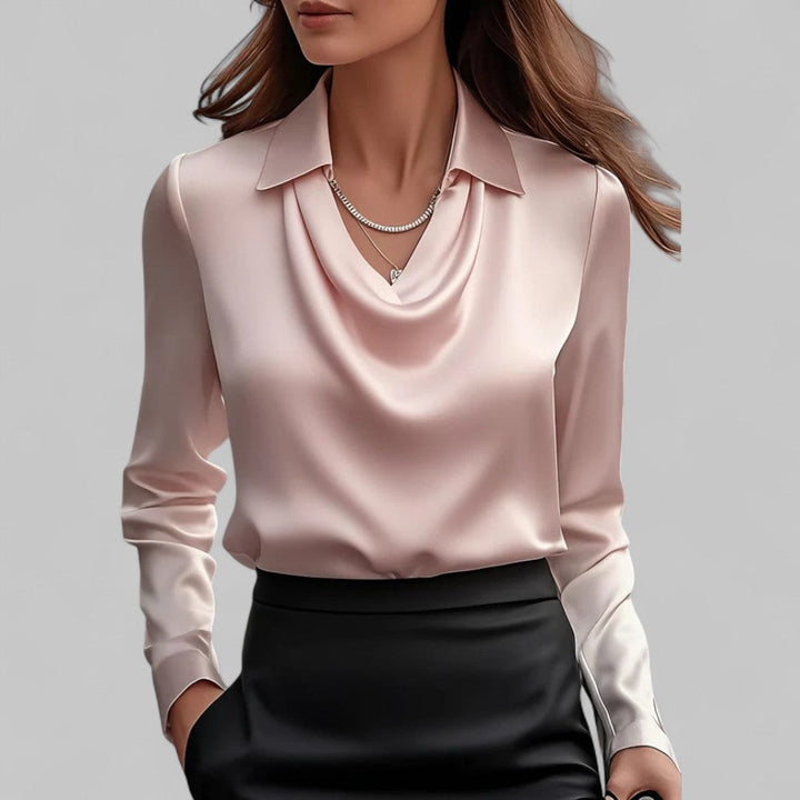 Sophisticated satin-look cowl neck blouse for women, long sleeve, modern and elegant style.