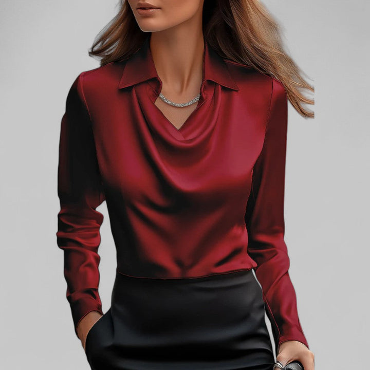 Elegant long sleeve cowl neck satin blouse for women, suitable for formal events & evening wear.