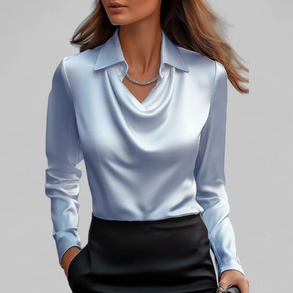 Professional women's cowl neck satin-look blouse, long sleeve, suitable for office & workwear.