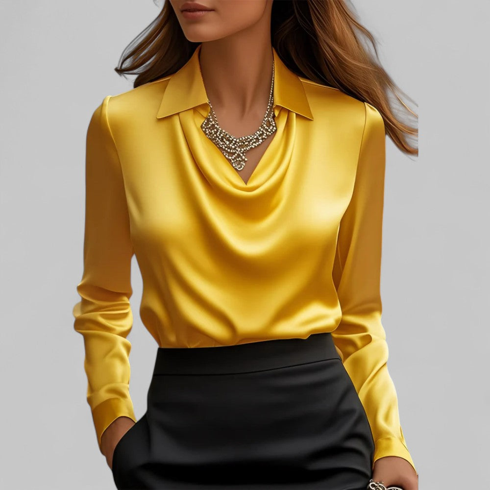 Fashionable women's long sleeve cowl neck satin blouse, chic and versatile for any wardrobe.