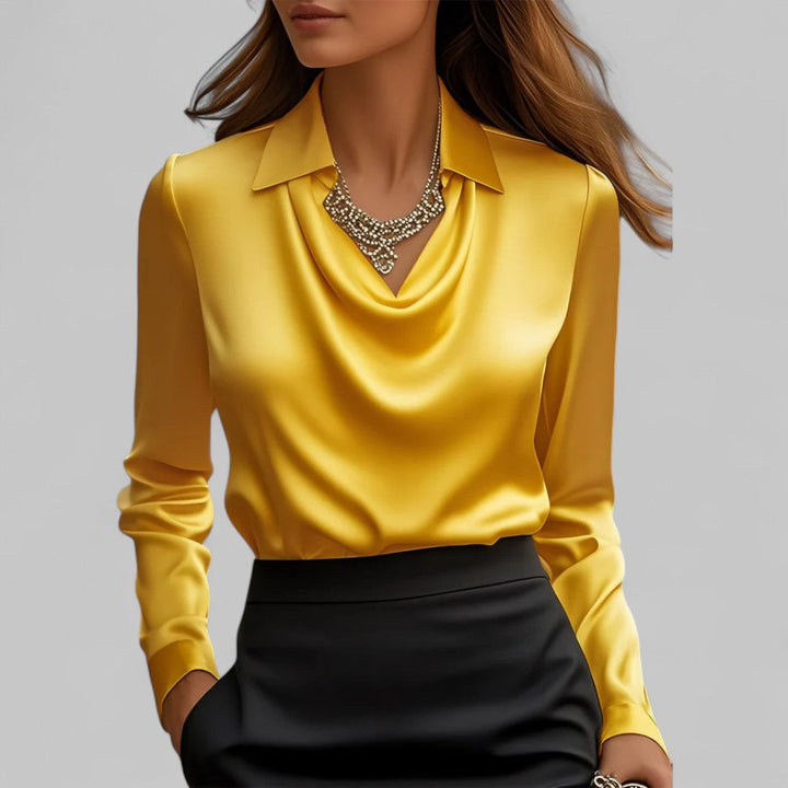 Fashionable women's long sleeve cowl neck satin blouse, chic and versatile for any wardrobe.