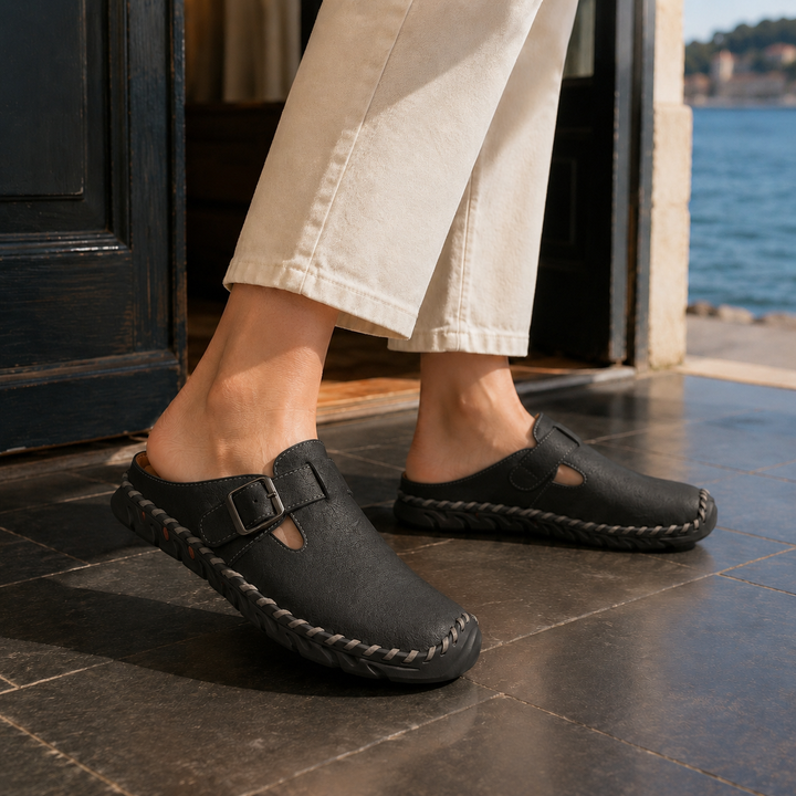 Fashionable men's clogs, slip-on design with an elegant buckle and contrast stitched sole, versatile casual footwear.