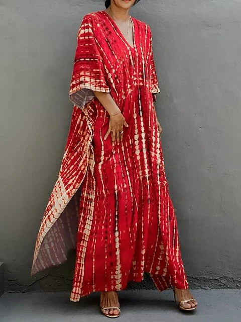 V-neck tie-dye kaftan maxi dress. Elegant women's resort wear, ideal for beach or summer vacation.
