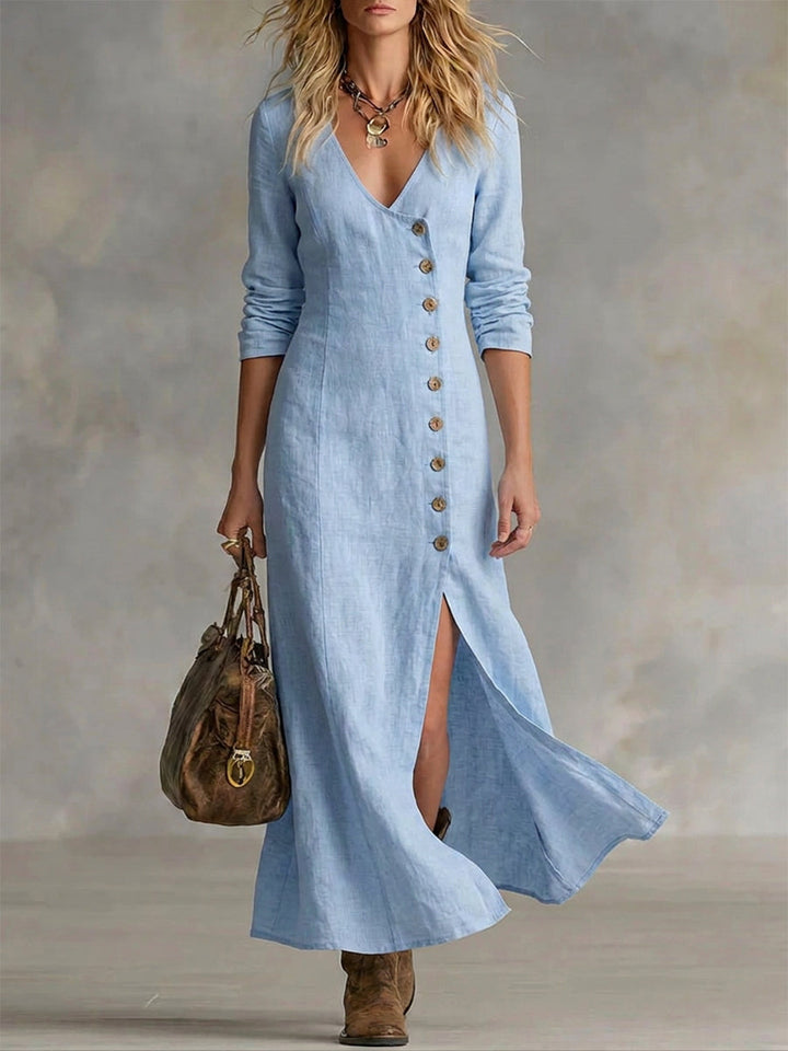 Elegant women's V-neck maxi dress with button front & split hem, perfect for spring & summer occasions.