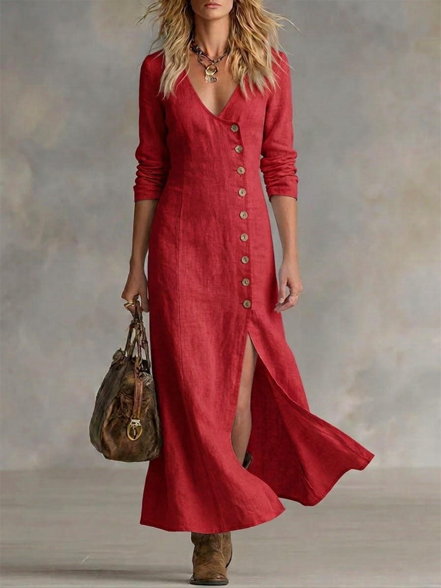Chic women's button-front maxi dress featuring a stylish V-neck & split hem, ideal for resort wear.