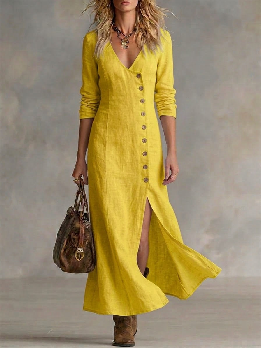 Versatile women's long sundress with V-neck, button detail & split hem for casual or elegant looks.