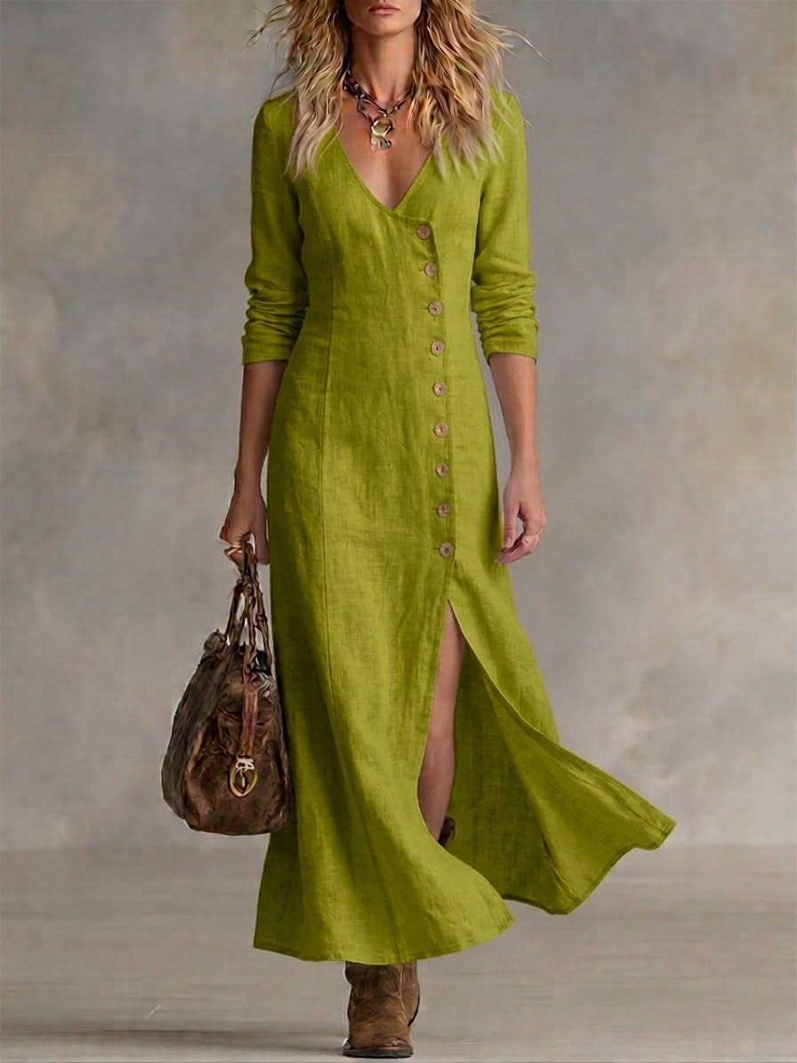 Fashionable women's V-neck maxi dress with full button front and a graceful split hem, summer essential.