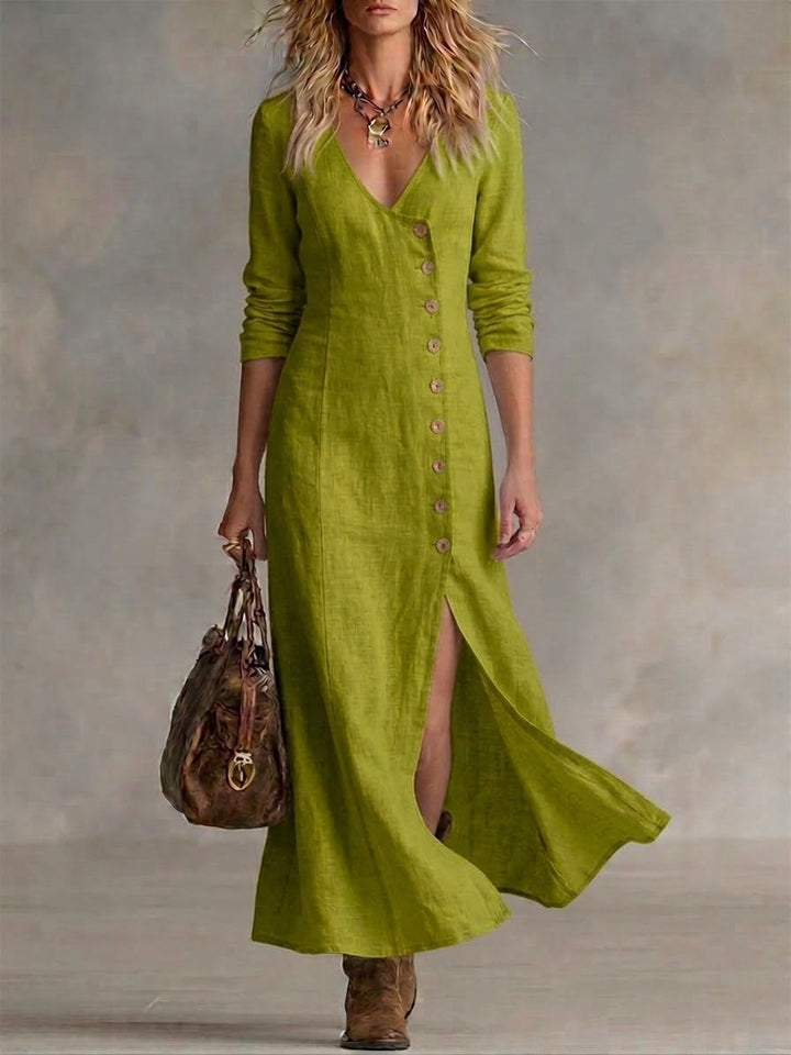 Fashionable women's V-neck maxi dress with full button front and a graceful split hem, summer essential.