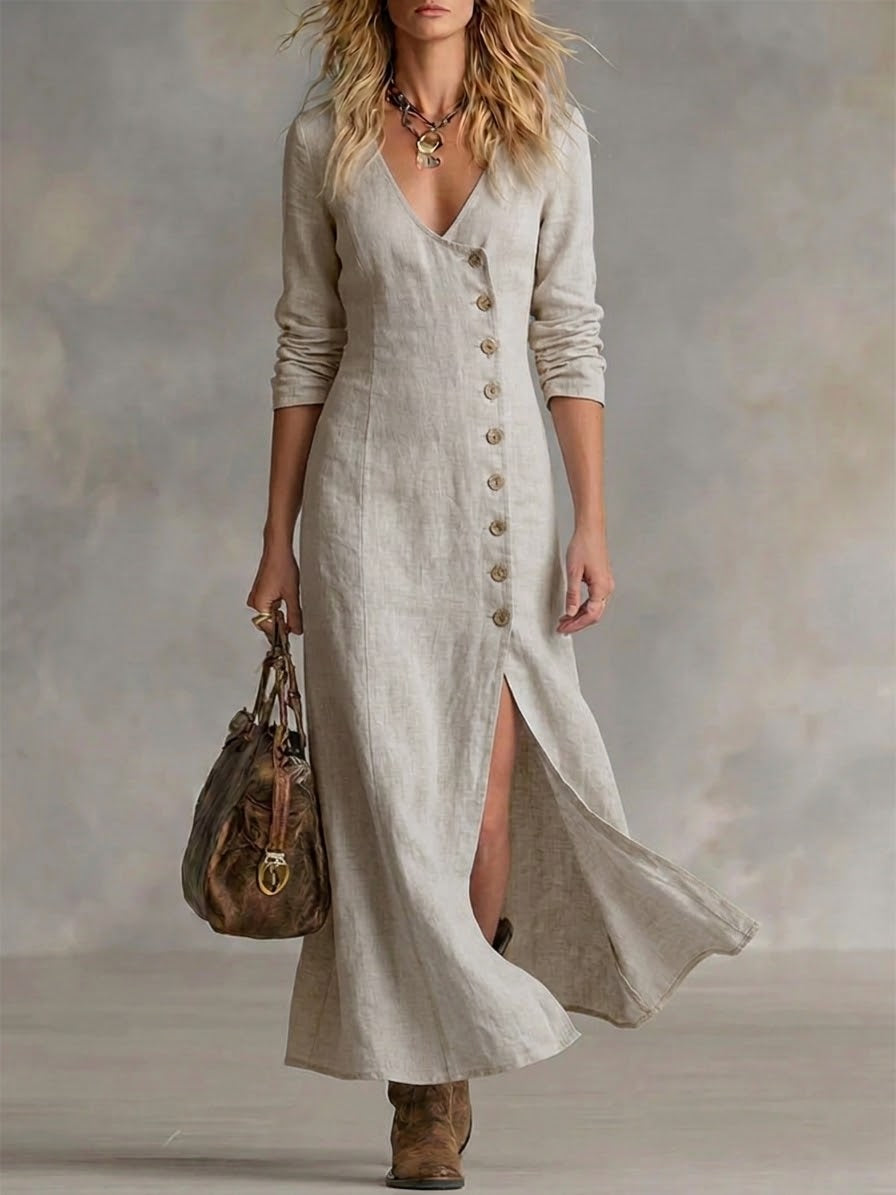 Stylish women's spring/summer maxi dress, V-neck, button-down front, & flowy split hem for comfort.
