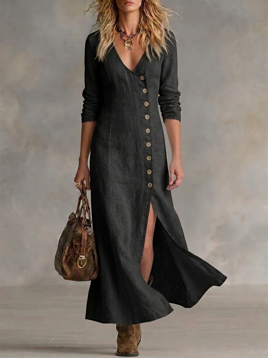 Casual yet elegant women's V-neck long dress with button accents & a trendy split hem, resort chic.