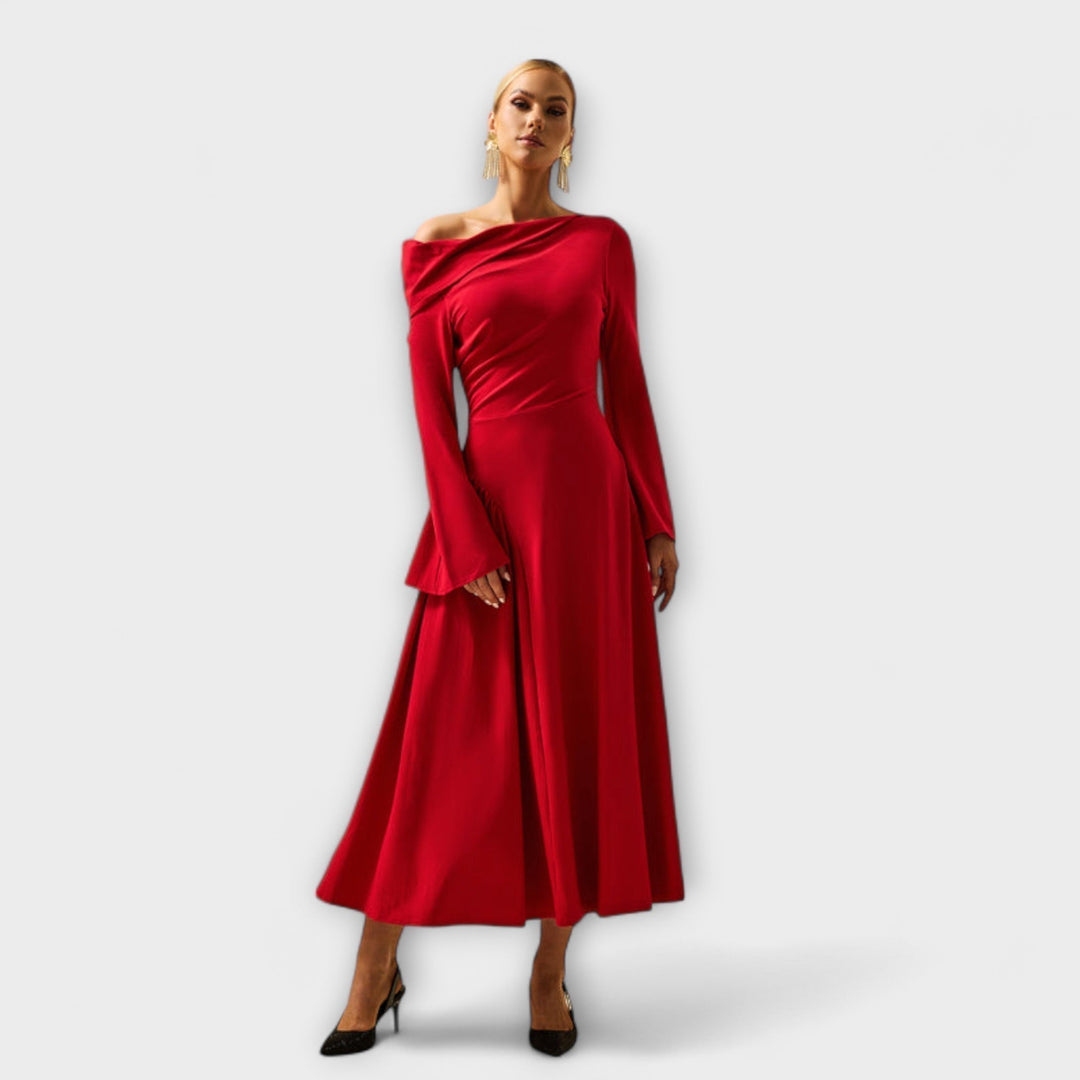Elegant women's off-shoulder balloon sleeve midi cocktail dress for parties & special occasions.