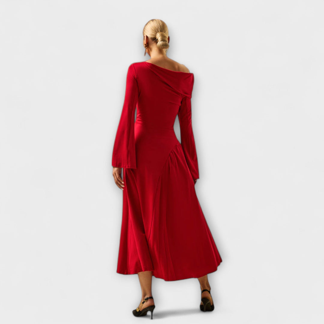 Stylish off-shoulder midi dress with balloon sleeves. Perfect elegant formal or evening gown for women.