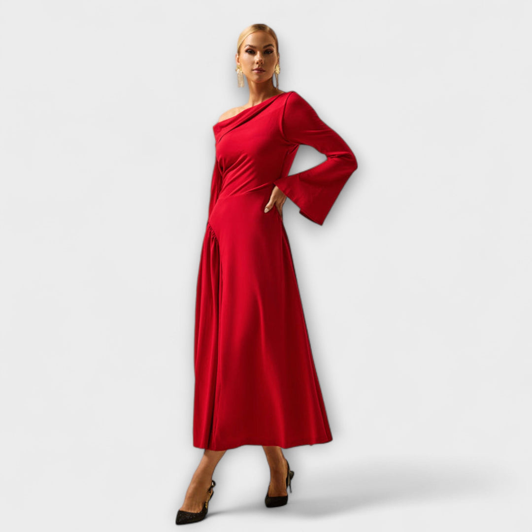 Women's chic off-shoulder cocktail dress featuring unique balloon sleeves & midi length. Ideal party dress.