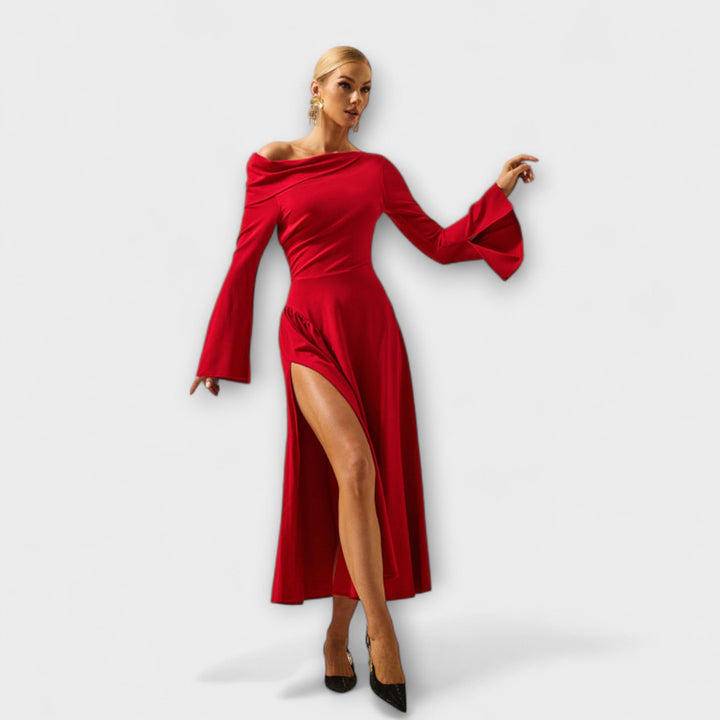 Sophisticated women's off-shoulder midi dress with balloon sleeves. Great for cocktails, evening events.