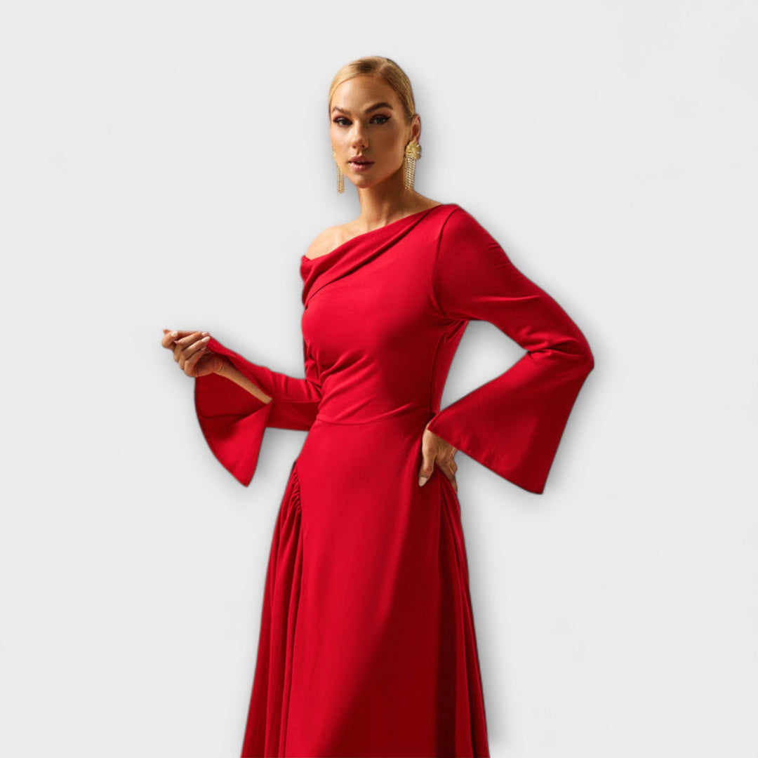 Fashionable women's elegant off-shoulder balloon sleeve midi dress. Versatile for formal & special events.