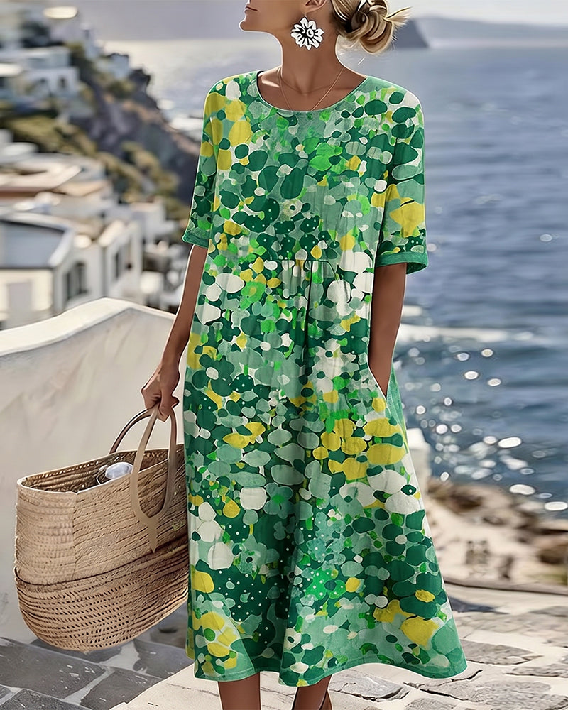Abstract print casual midi dress, a comfortable and feminine choice for women's summer fashion.