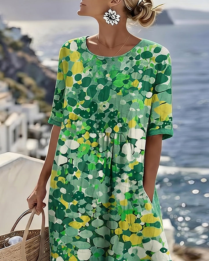 Stylish women's floral midi dress, a versatile short-sleeve design for warm weather.