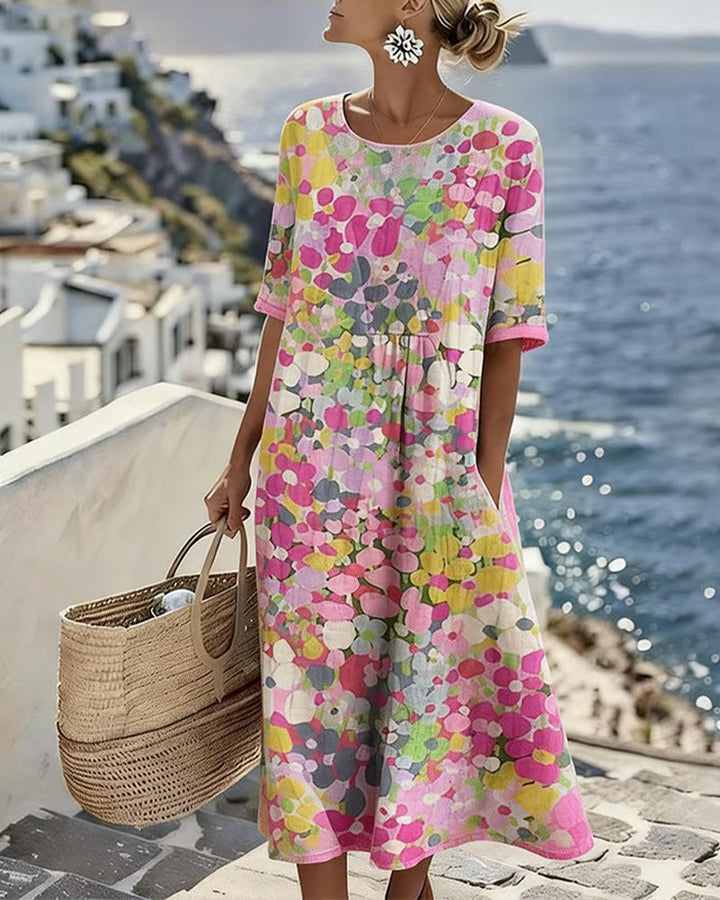 Women's summer floral midi dress with a flattering gathered waist and short sleeves.