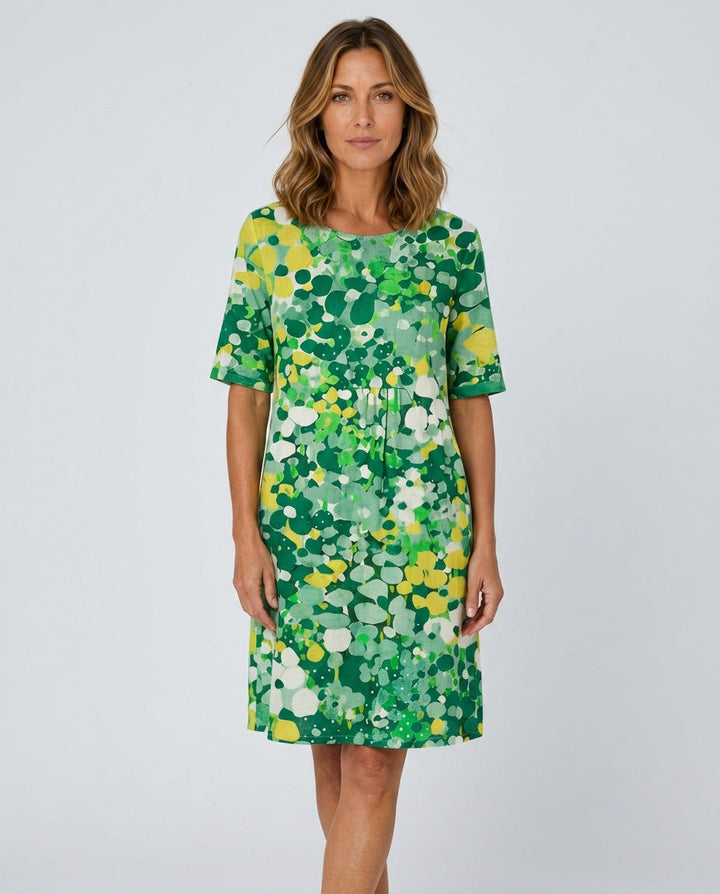 Sophisticated women's casual midi dress with a beautiful abstract floral design.