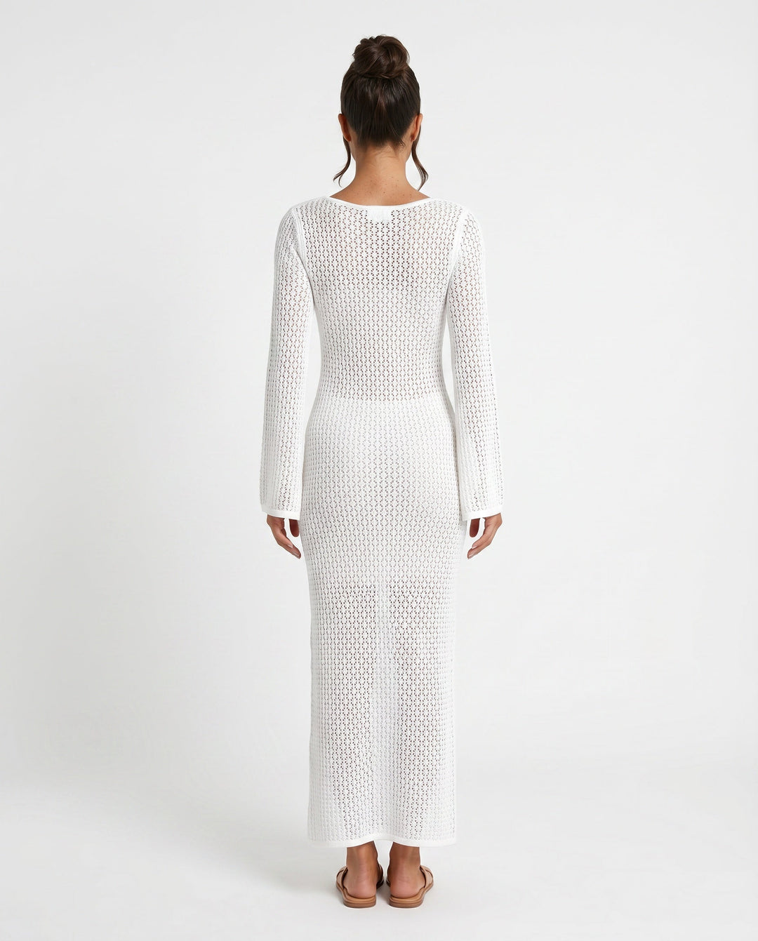 Chic women's long sleeve crochet maxi dress, plunge neck. Ideal for summer parties.