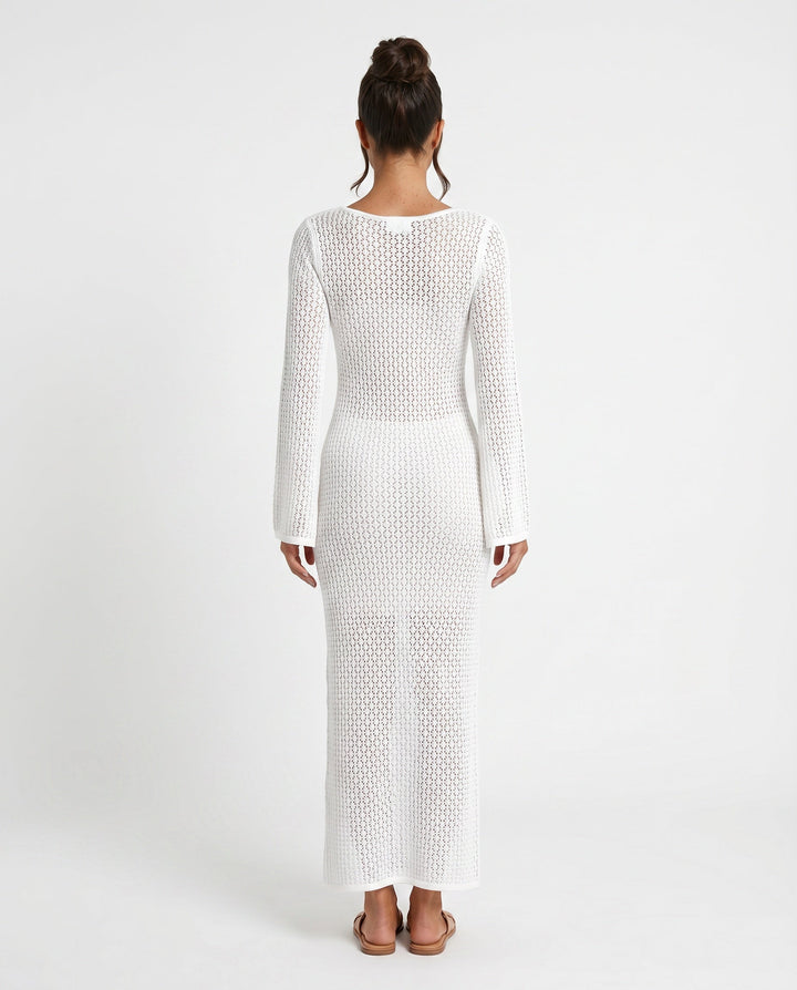 Chic women's long sleeve crochet maxi dress, plunge neck. Ideal for summer parties.