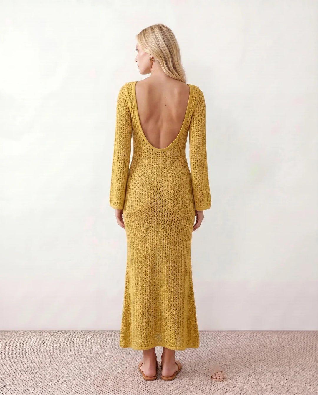 Chic women's plunge neck crochet maxi dress. Flowy long sleeves. Great for vacation & events.