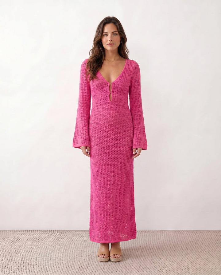 Boho chic long sleeve crochet maxi dress. Deep V-neck. Stylish for summer and weddings.