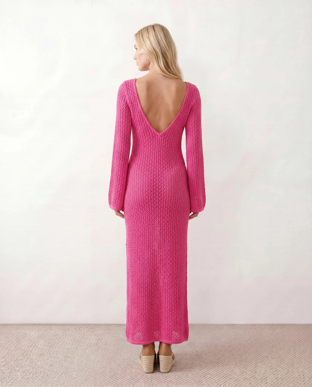 Stylish women's long sleeve crochet maxi dress. Deep V-neck. Great for resort & beachwear.