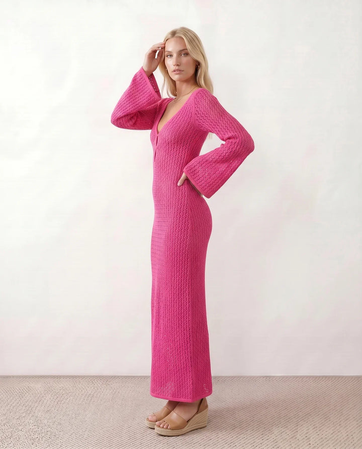 Chic women's long sleeve crochet maxi dress with plunge V-neck. Boho summer fashion essential.