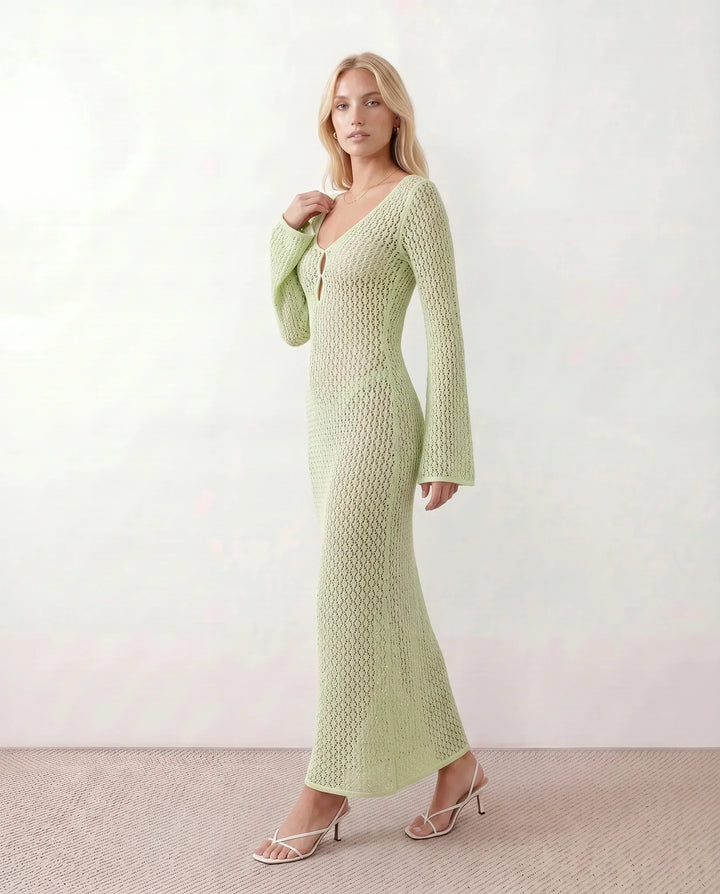 Stylish women's long sleeve crochet maxi dress, deep V-neck. Elegant for summer evenings.