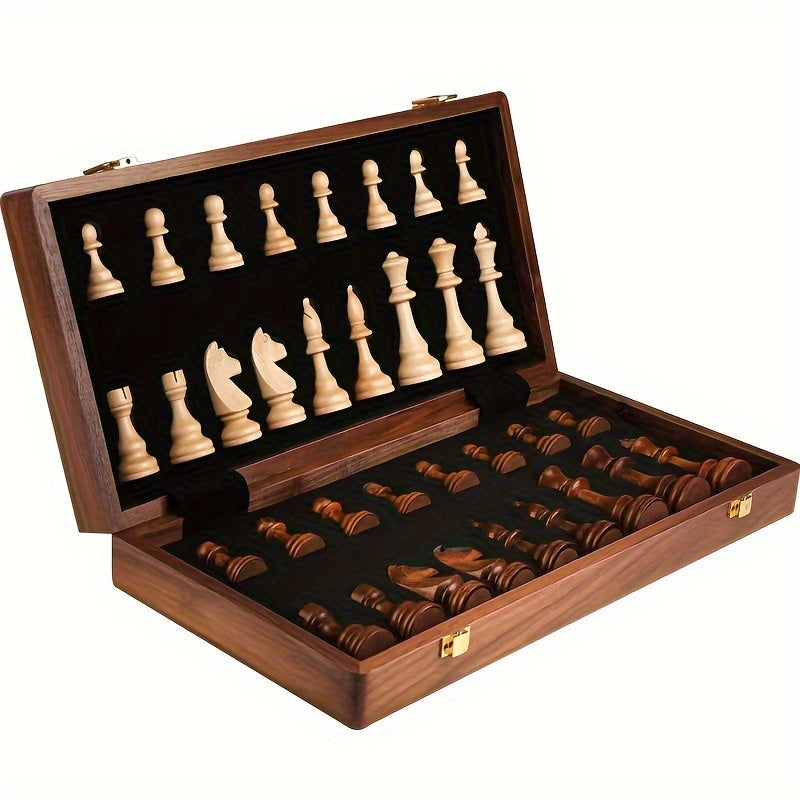 Compact, foldable wooden chess set for easy travel. Classic strategy board game with elegant wood pieces.