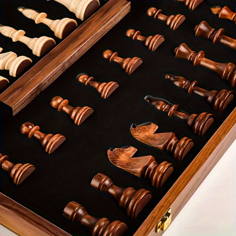 Elegant wooden chess set featuring detailed game pieces & a foldable board for easy storage & travel.
