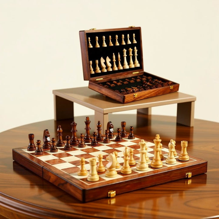 Portable wooden chess set: a classic strategy board game with a foldable board and elegant wooden pieces.
