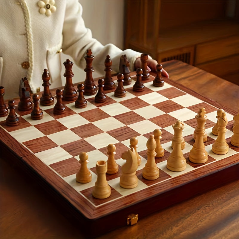 Unisex wooden chess set, a timeless strategy game. Foldable board and classic wooden pieces for all ages.