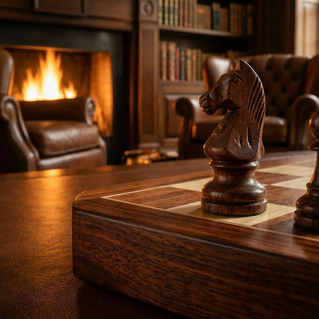 Foldable wooden chess set, a portable classic strategy board game with all game pieces included.