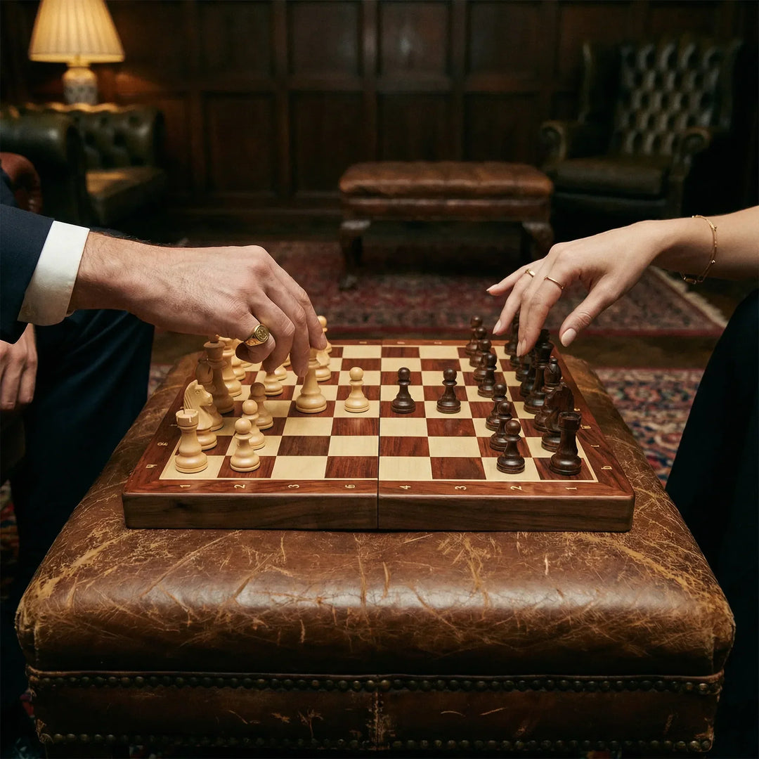 Strategy board game: a premium wooden chess set with a foldable design, ideal for tabletop play anywhere.