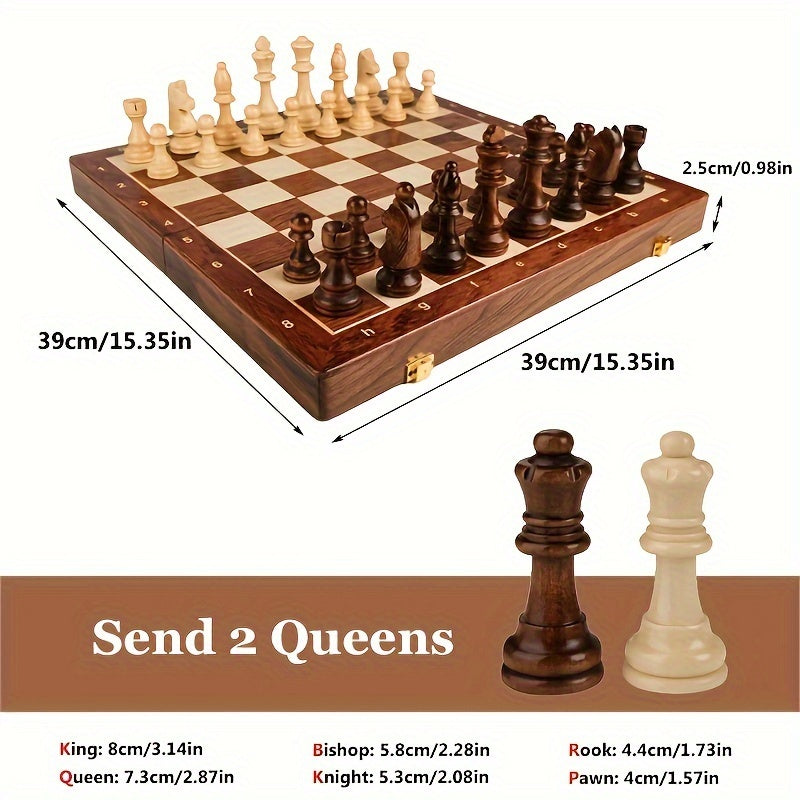 Durable wooden chess set, perfect for a strategy board game. Foldable design for portable classic play.