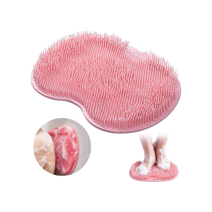 Soft silicone shower mat for foot cleaning, body scrubbing, and back massage with suction cups.