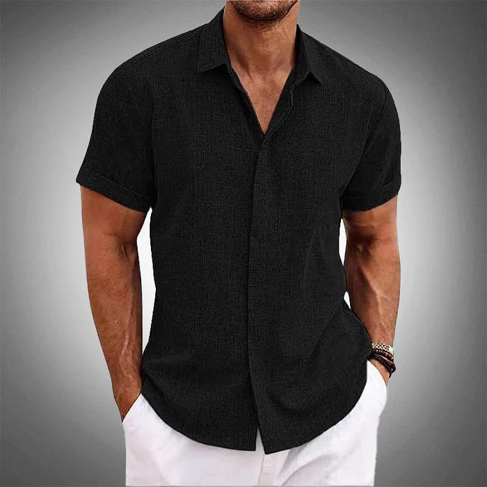 Stylish men's button-down short sleeve shirt with collar, offering a smart yet casual summer look.