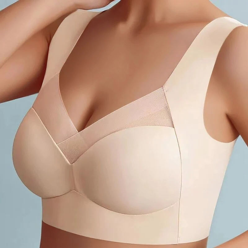 Everyday support V-neck bra with molded cups, a wireless comfort essential for women.