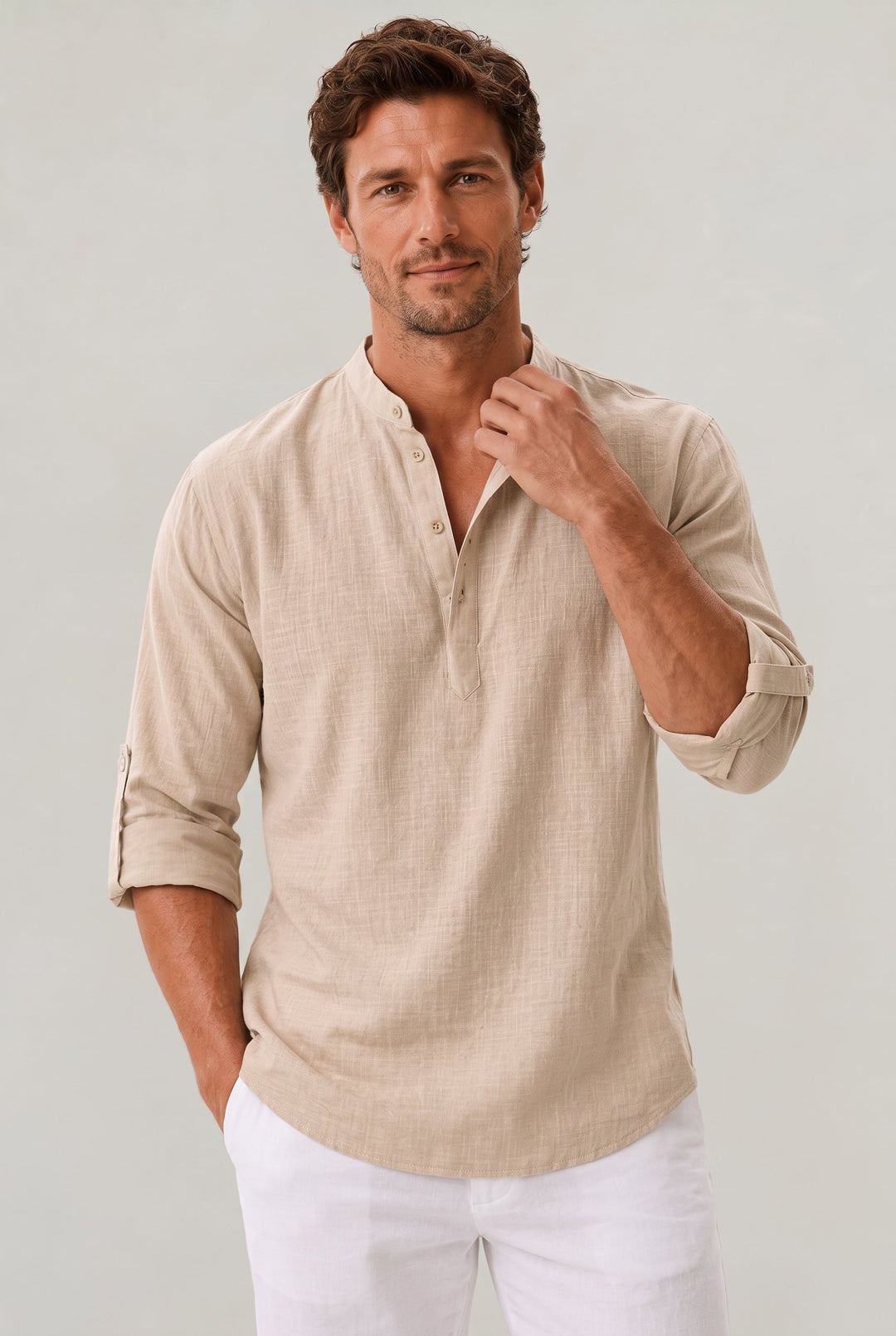 Men's chic grandad collar shirt with roll-up sleeves for a versatile smart casual or relaxed summer look.