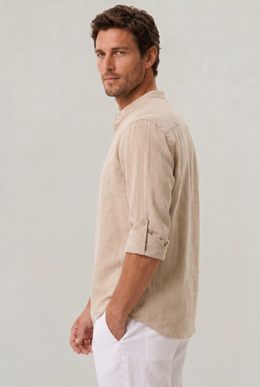 Lightweight men's grandad collar shirt, perfect for warm weather smart casual outfits or relaxed summer fashion.